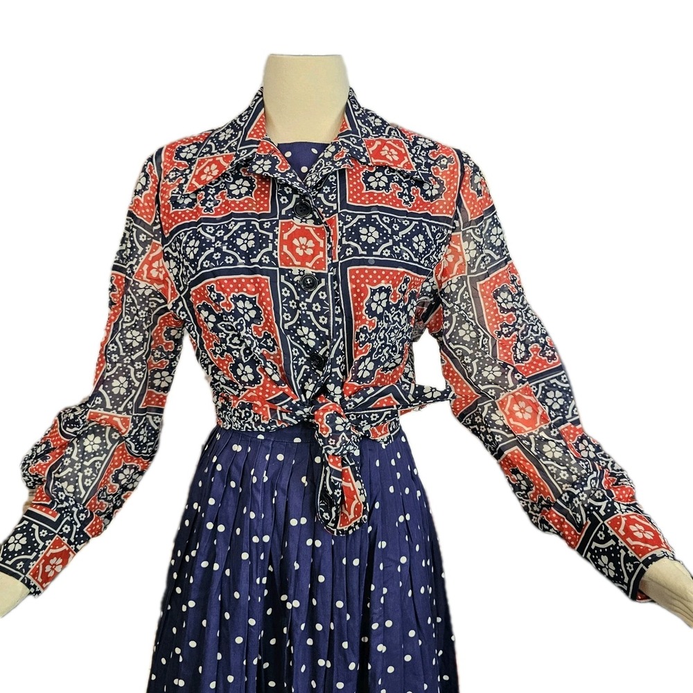 Vintage 1970s Blouse Top Shirt Red White Blue Bandana Print Pointed Collar